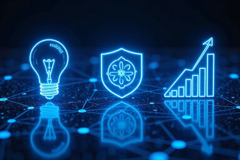 Abstract visual representing core values with symbolic neon blue icons