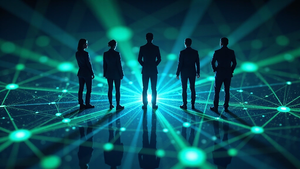 Abstract conceptual image of a diverse, collaborative team, represented by glowing nodes and connections, neon blue
