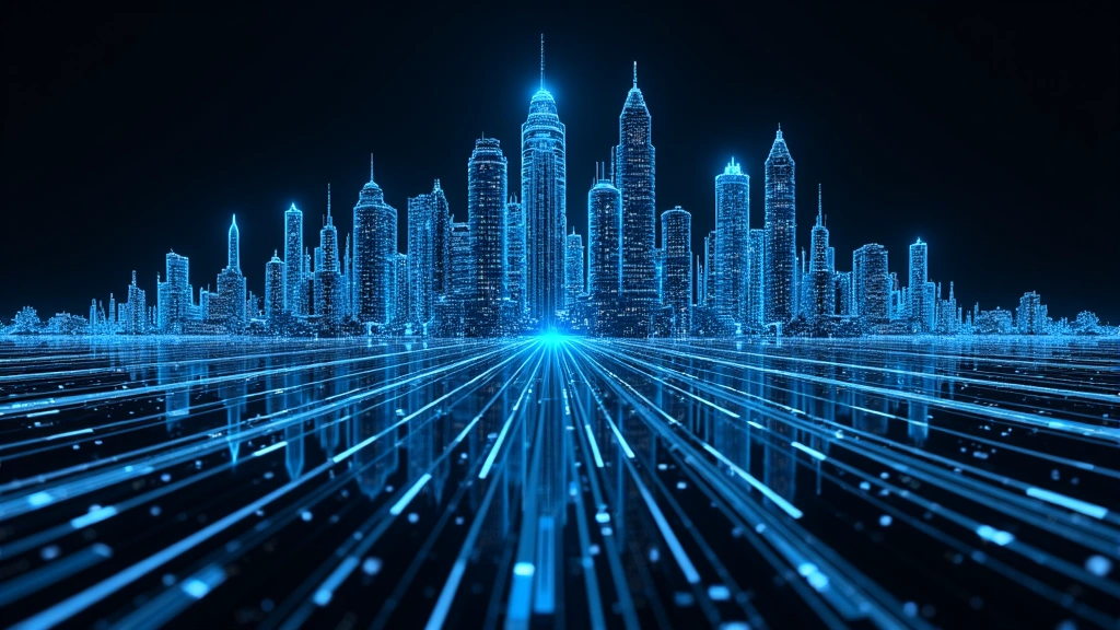 Abstract visual of a futuristic cityscape or data center, neon blue on black
