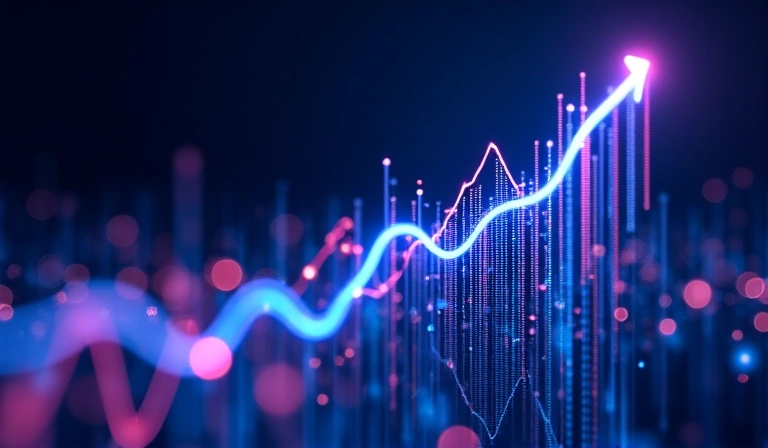 Abstract visual of growth charts and success metrics, neon blue on black