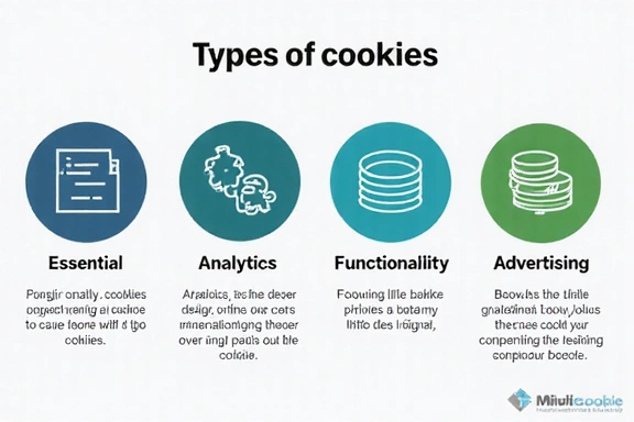 Infographic showing different types of cookies (essential, analytics, functionality, advertising) and their purpose with clear icons.
