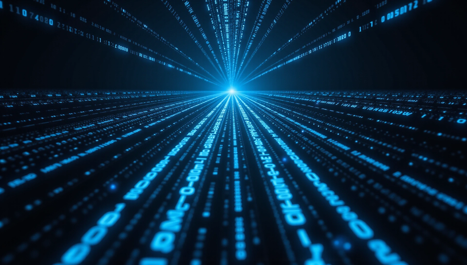 Abstract futuristic neon blue data streams on a dark background