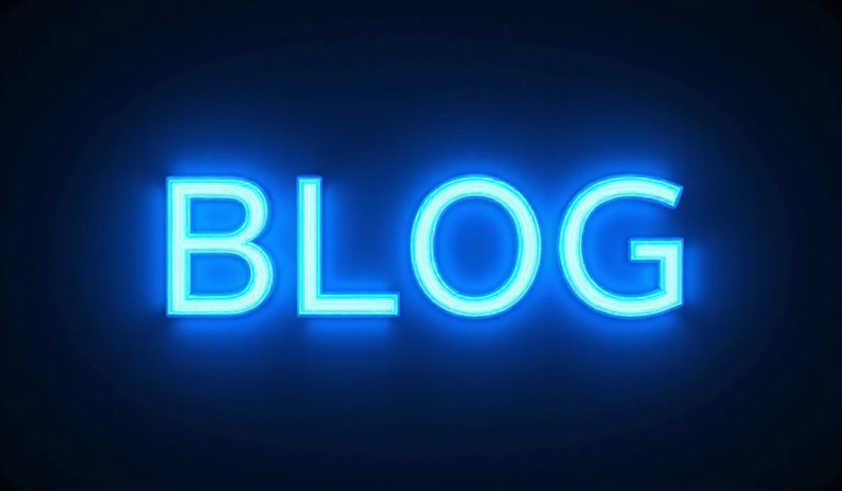 Abstract visual of a blog post layout with glowing text outlines in neon blue