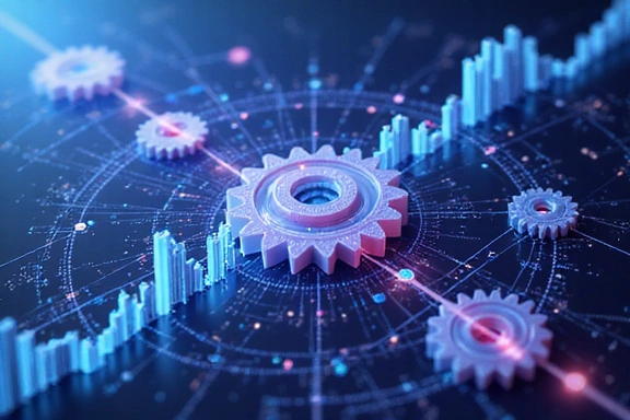 Illustration of data processing and analysis, showing gears and data streams
