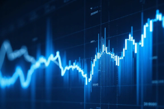 Abstract visual of a financial candlestick chart evolving with neon blue lines
