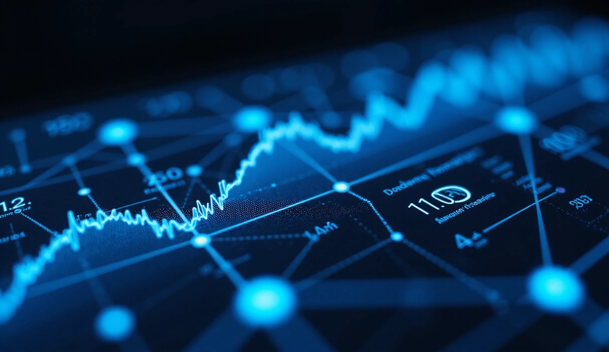 Abstract interactive data visualization with neon blue lines and nodes