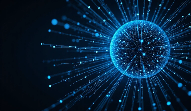 Abstract visual of a complex neural network or data processing unit, neon blue on black