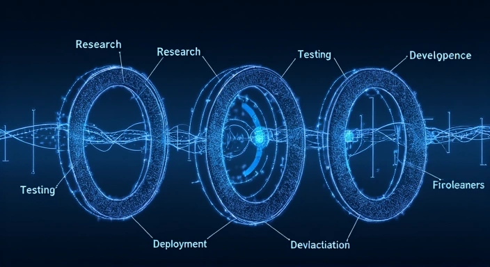 Abstract visual of a development lifecycle with iterative loops, neon blue