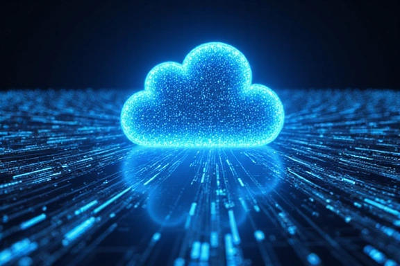 Abstract visual of a secure cloud infrastructure with data flowing, neon blue